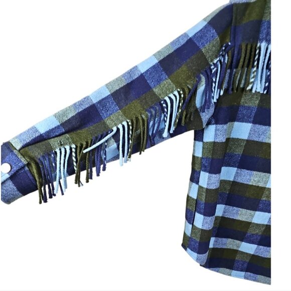 NWT J Joie Plaid Fringe Trim Shacket Button Dwon Jacket Size M Blue Olive - Picture 4 of 12